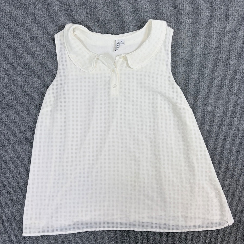 Elle coquette White Checkered Peter Pan Collar Sleeveless Blouse Preppy XL